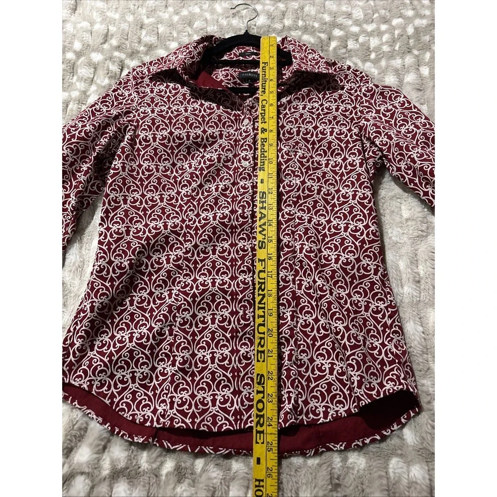 Talbots Petites Red Geometric Long Sleeve rolled cuff button Down Blouse Size 4